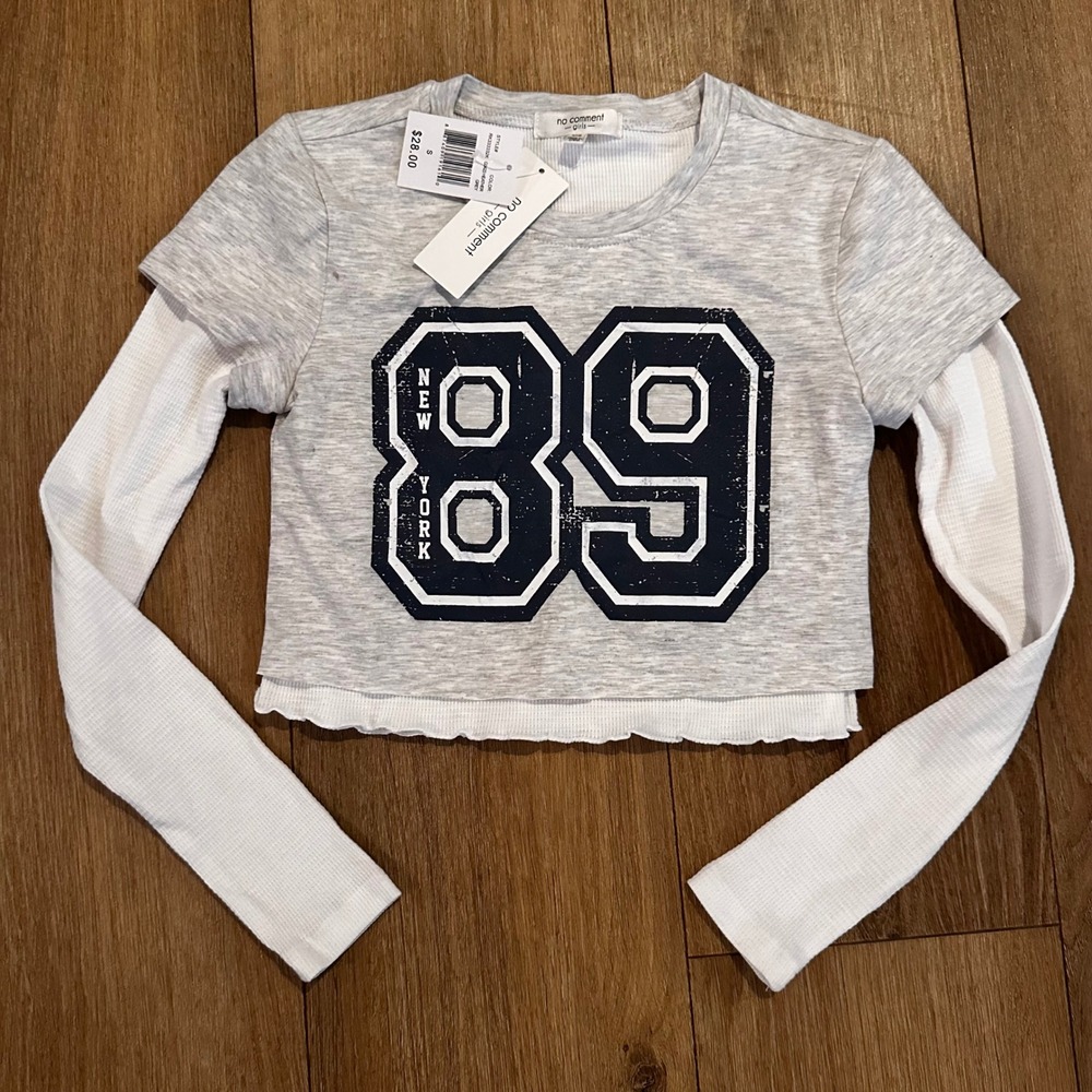 No Comment Girls 89 New York Layered Crop Top Heather Grey White S 7/8 NWT